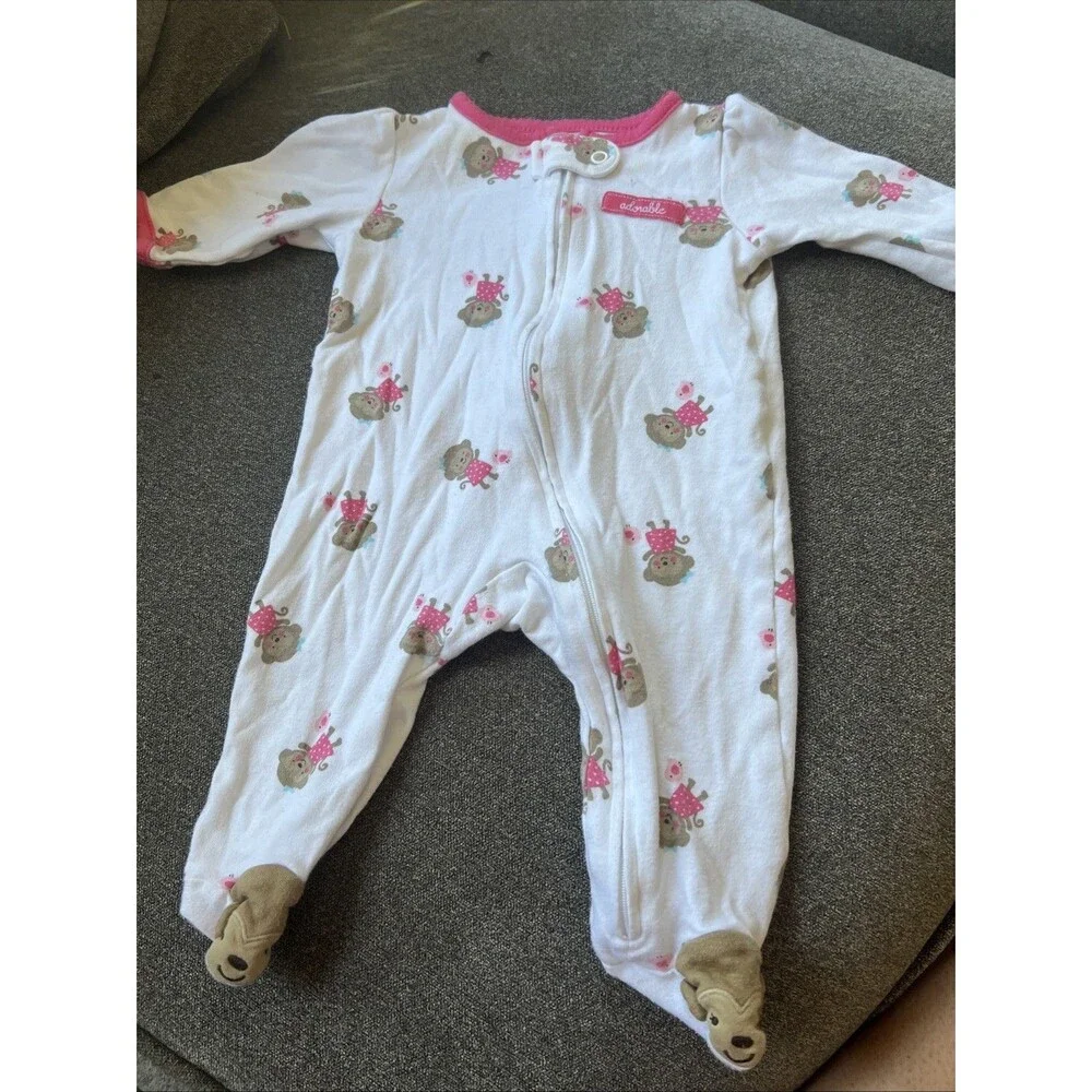 Infants 0-3 Month Carter Girls Footed Zip Up Pajama White & Pink‎ Monkeys